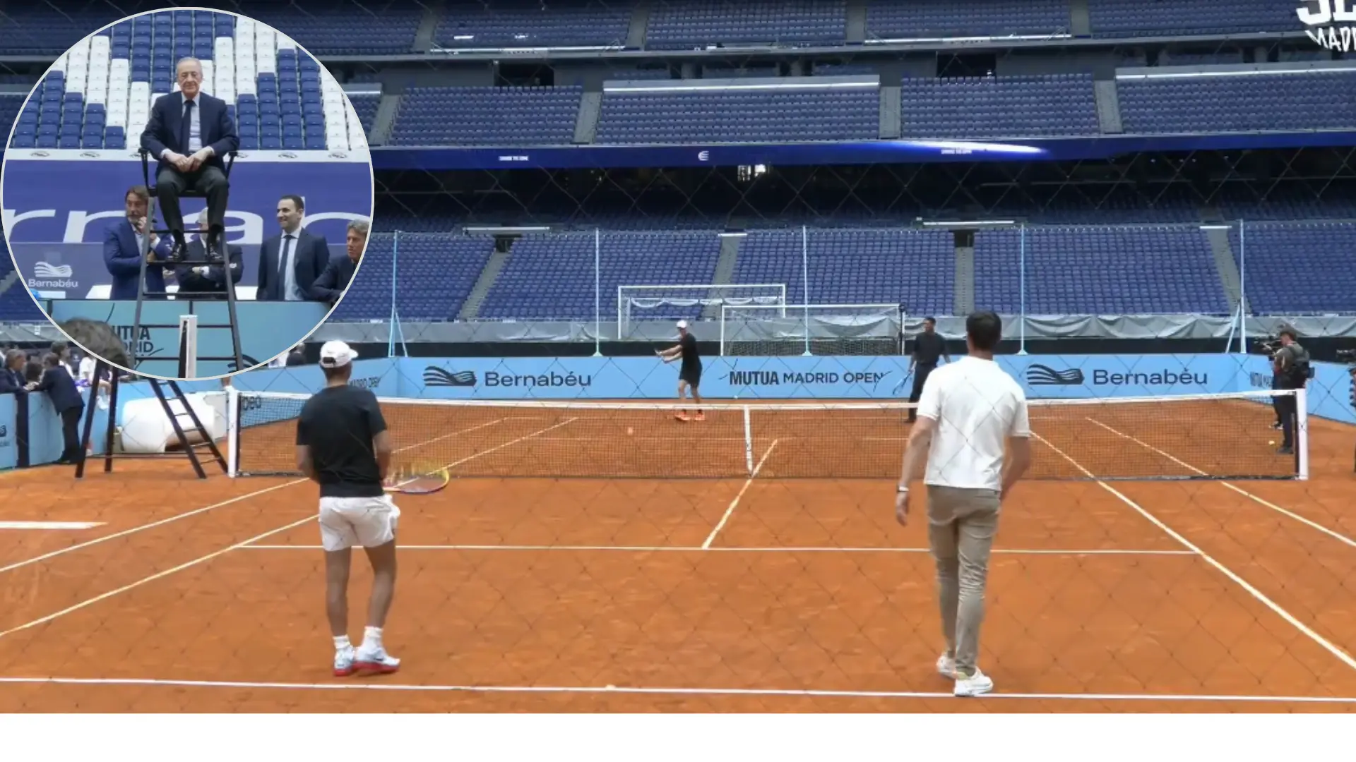 Nadal, Bellingham, Courtois y Sinner estrenan la pista de tenis del Bernabéu… con Florentino de juez de silla