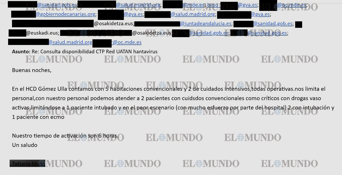 Correo electrónico del Hospital Gómez Ulla al Ministerio de Sanidad, el miércoles por la tarde.