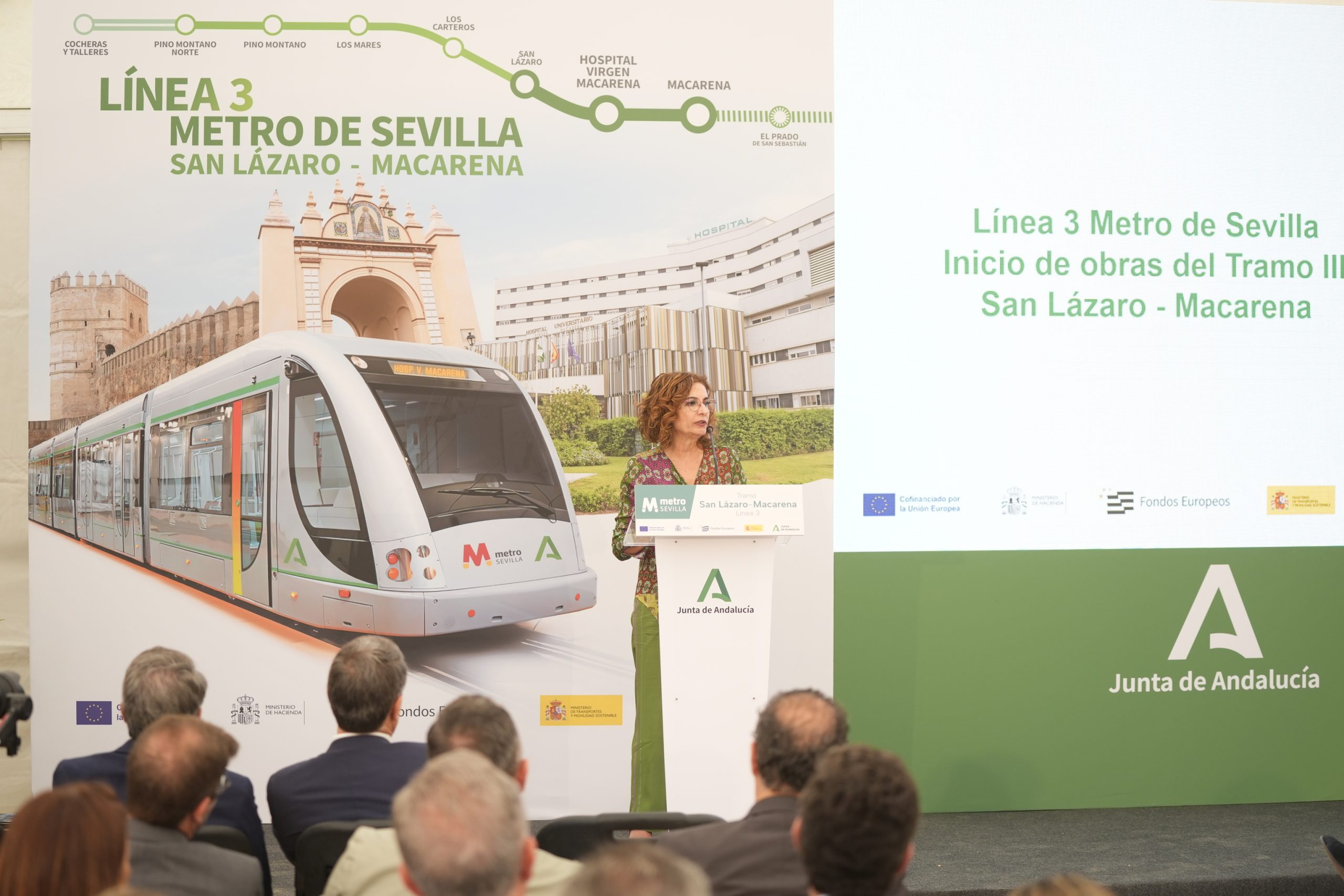 María Jesús Montero, en el arranque de las obras de la línea 3 del metro de Sevilla, en junio de 2025, cuando era vicepresidenta.