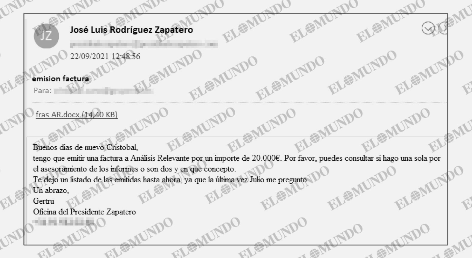 Correos intercambiados entre la secretaria de Zapatero y el gestor del entorno societario que controla Julio Martínez.