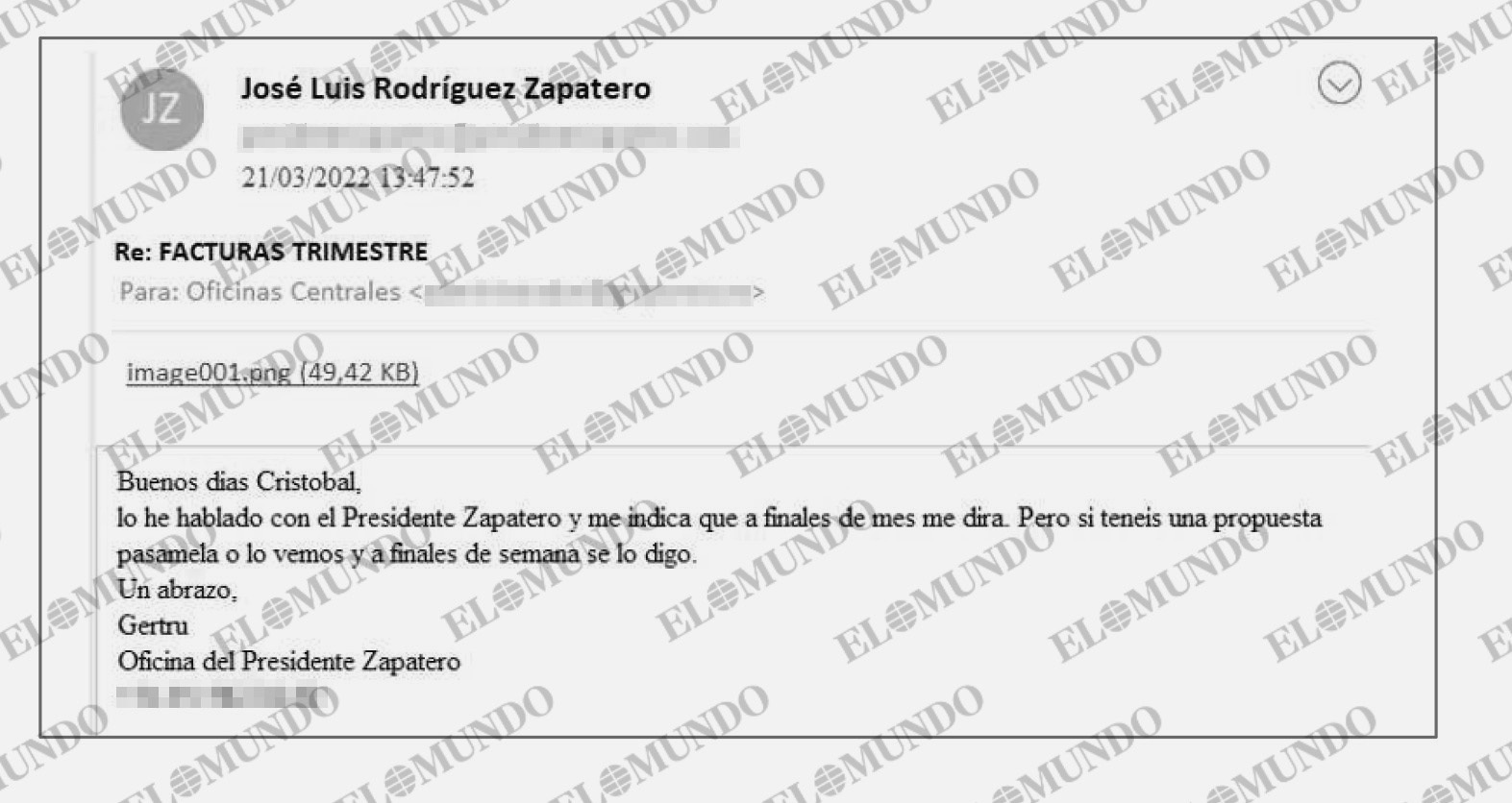 Correos intercambiados entre la secretaria de Zapatero y el gestor del entorno societario que controla Julio Martínez.