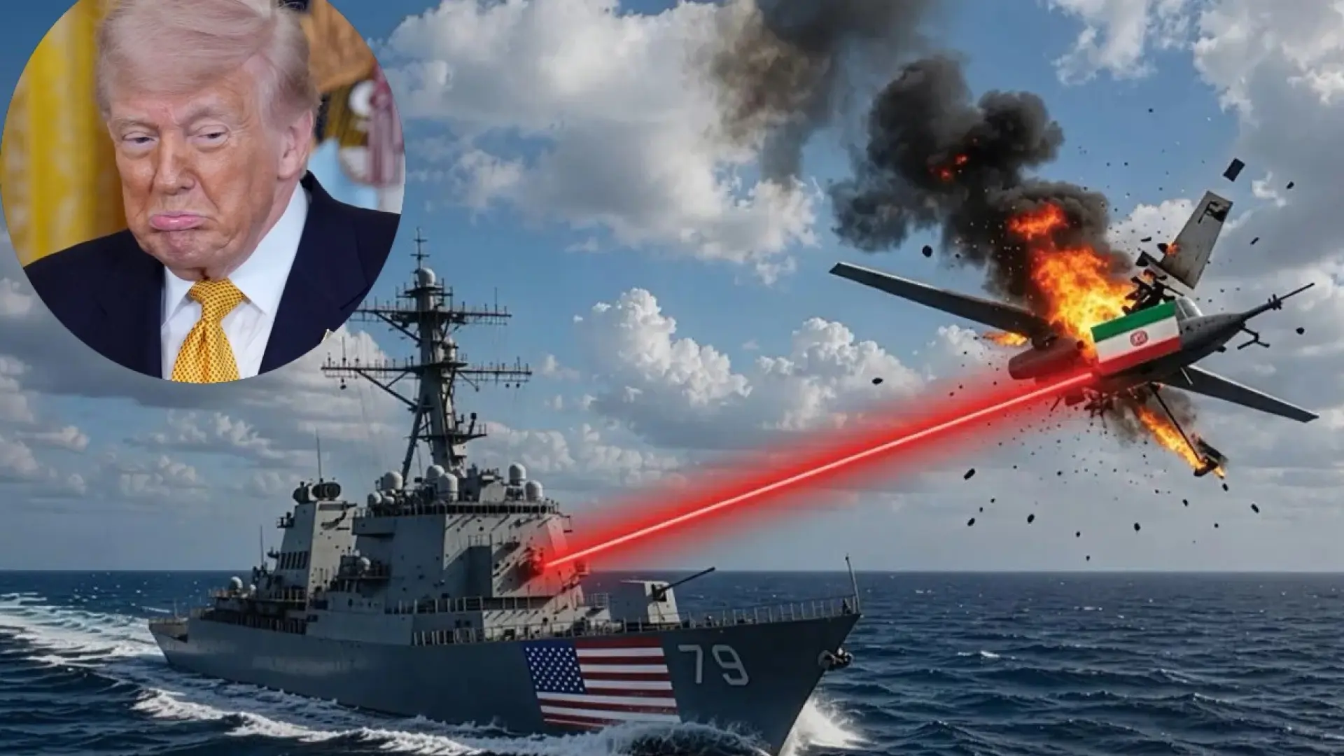 Trump comparte una imagen generada por IA en la que un barco de EEUU dispara un láser a un avión iraní: «¡Bing, bing, fuera!»