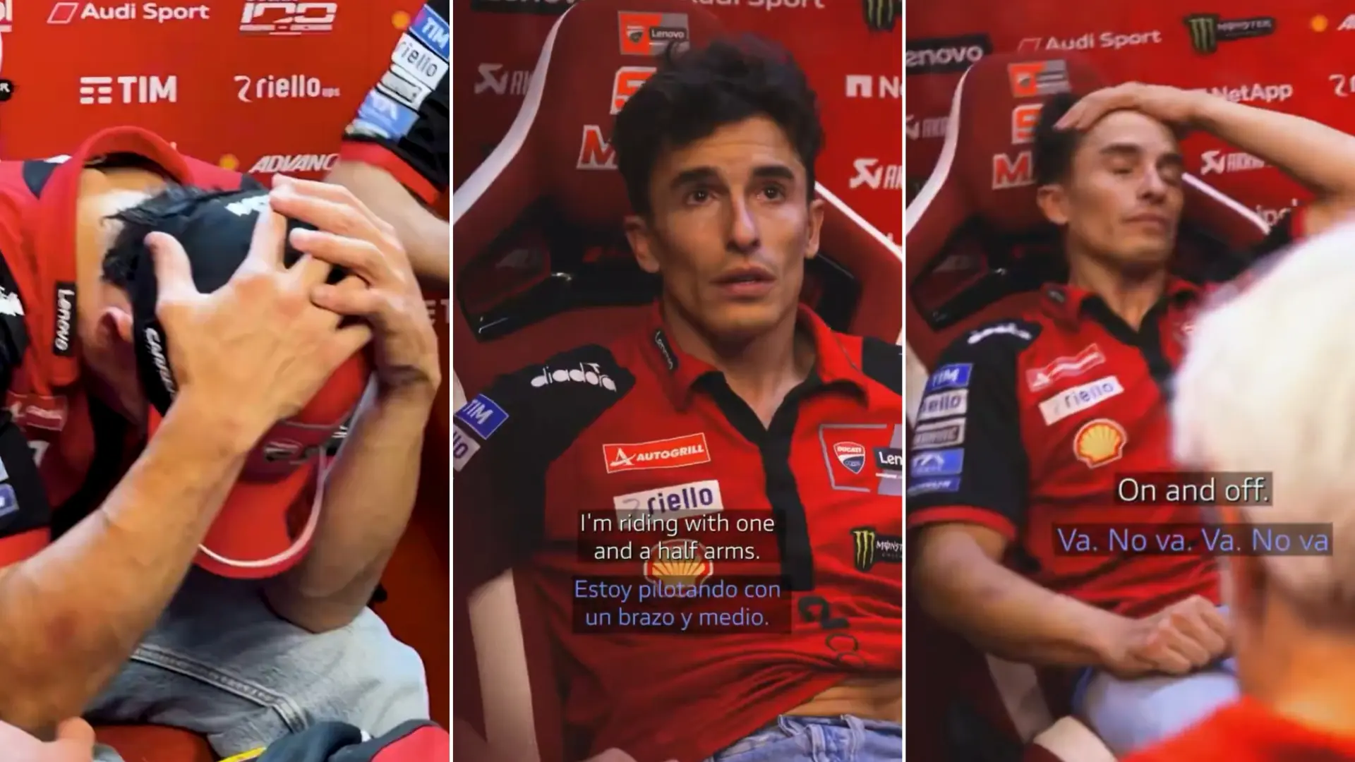 Marc Márquez, roto al hablar con Ducati de su lesión en el hombro: «Estoy pilotando con brazo y medio»