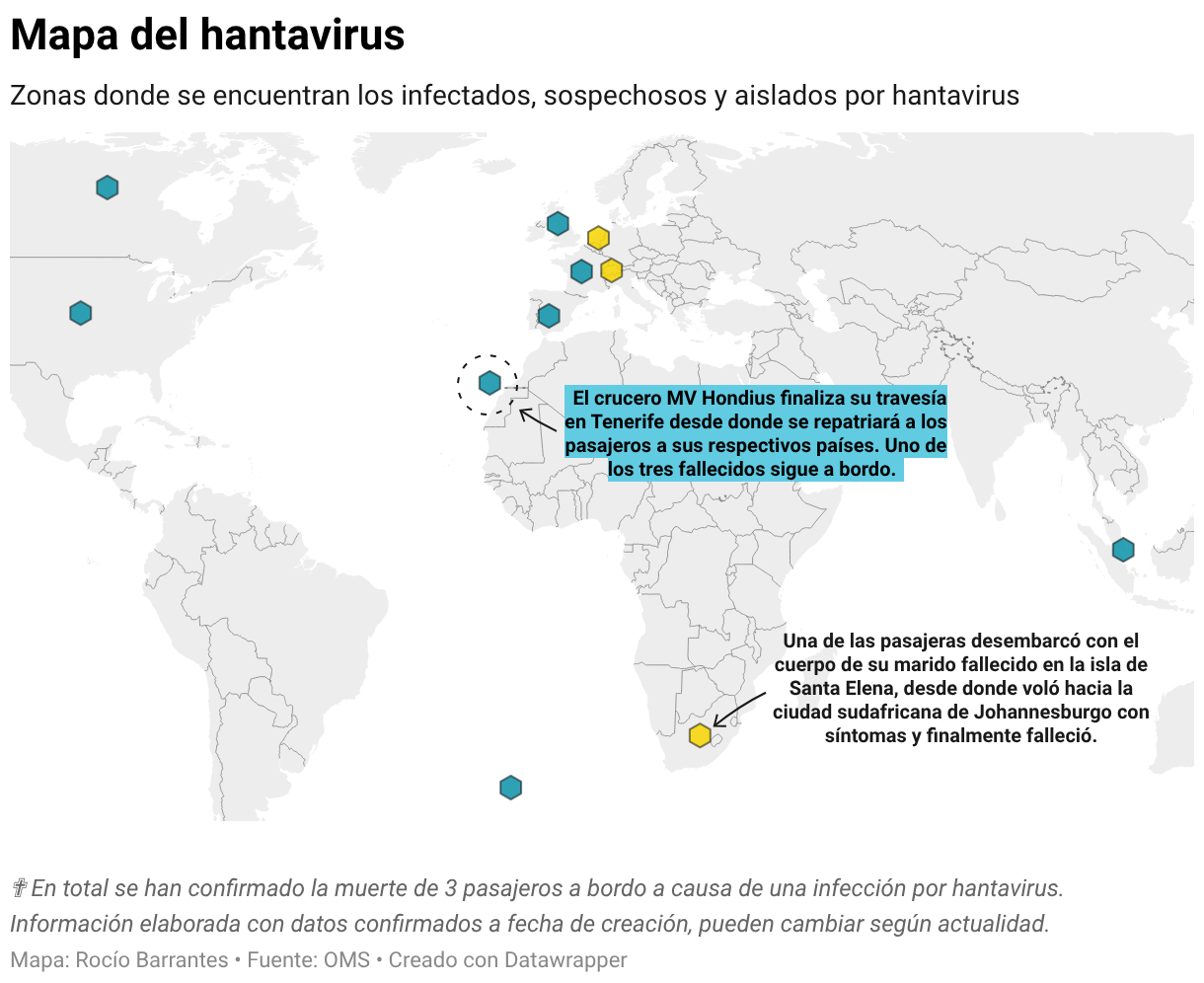 Mapa con los casos confirmados de hantavirus y personas sospechos y aisladas tras la exposición en el crucero.