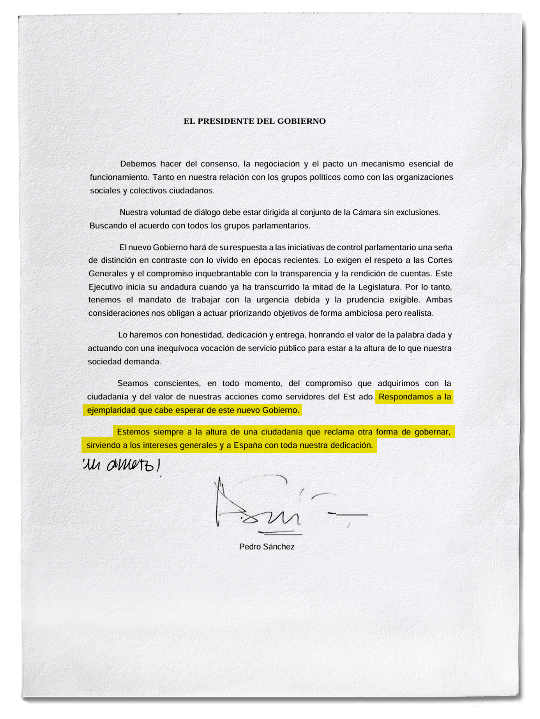 Carta que el presidente del Gobierno, Pedro Sánchez, entregó a los miembros de su primer Consejo de Ministros, en junio de 2018, en la que les pedía gestionar con «ejemplaridad».