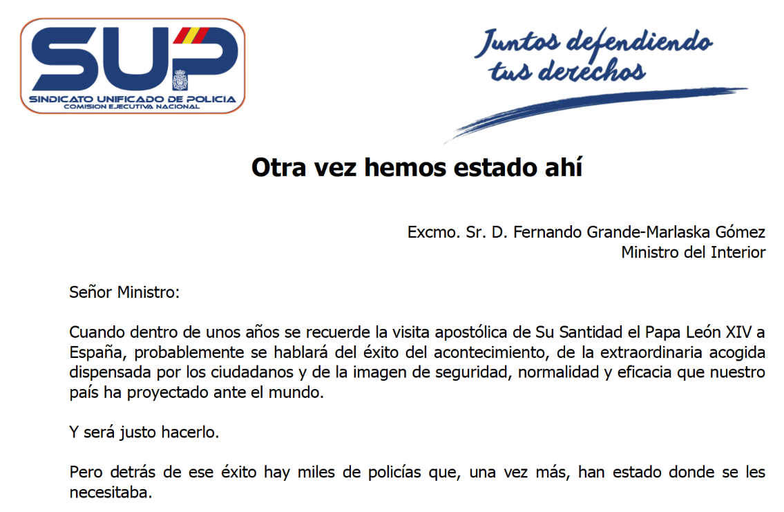 Inicio de la carta del secretario general del SUP, Carlos Prieto, al ministro del Interior