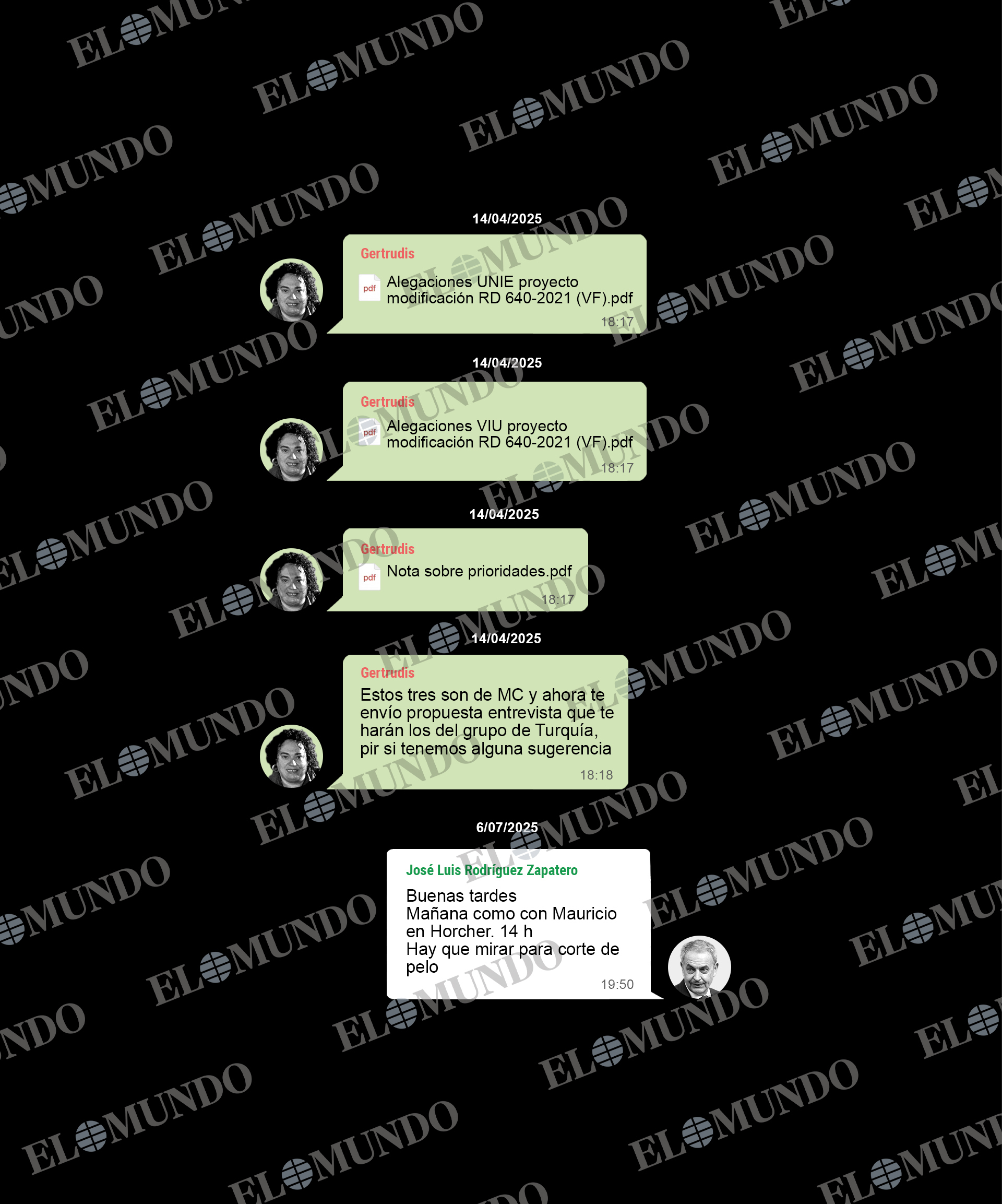 Mensajes de WhatsApp entre Zapatero y su secretaria Gertrudis Alcázar.