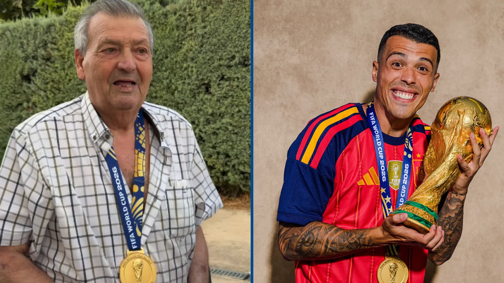 Pedro Porro cumple su promesa y regala su medalla de campeón del mundo a su abuelo: «Es un orgullo esto, no lo sabes bien»