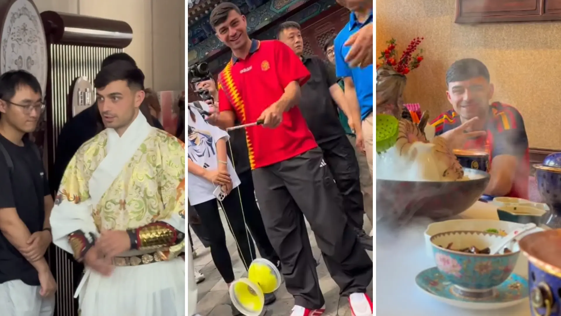 Las surrealistas vacaciones de Pedri en China tras ganar el Mundial: con el traje típico, jugando al diábolo…