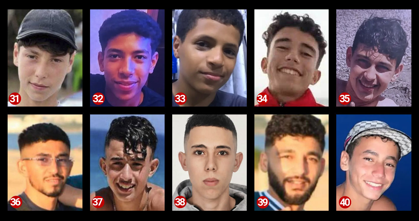 Los desaparecidos en Ceuta. 31. Mohamed Reda; 32. Mohamed Riyahi; 33. Mohamed Saadoun; 34. Mohamed Saidi; 35. Mohamed Trabak; 36. Montasser Hassani; 37. Mourad Mesbani; 38. Musnif; 39. Houssam Ben Brik; 40. Nizar Ben Zayed.