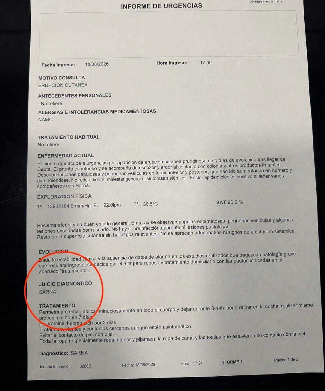 Informe médico del agente de la Policía Nacional afectado por sarna.