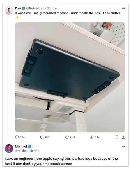Hay que intentar evitar poner el Mac como en la foto: al estar pegado al fondo y chocar con la barra no refrigera bien