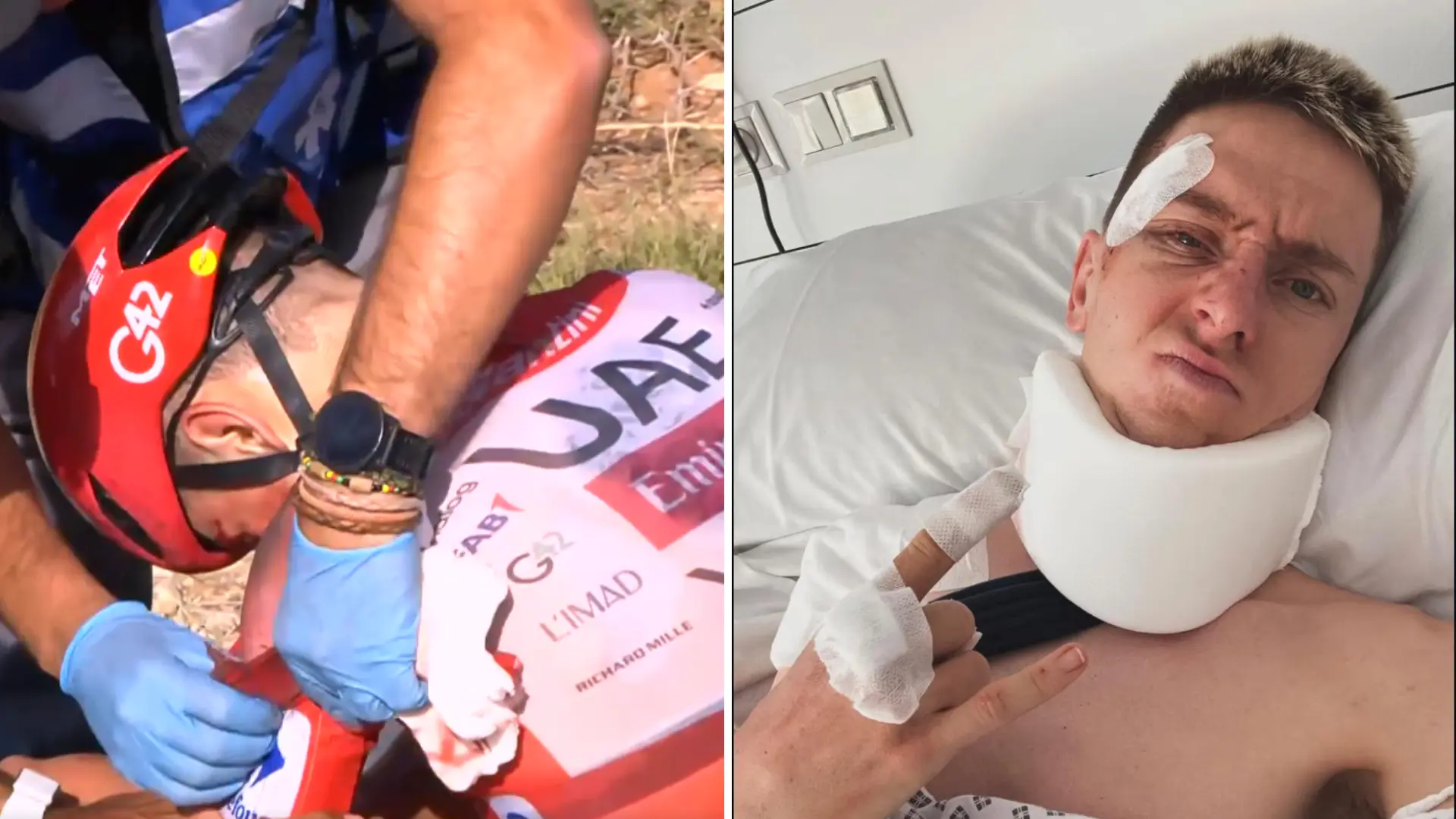 «Conmoción cerebral, fractura de clavícula y de la vértebra C7…»: el durísimo parte médico de Tadej Pogacar tras su caída en La Vuelta