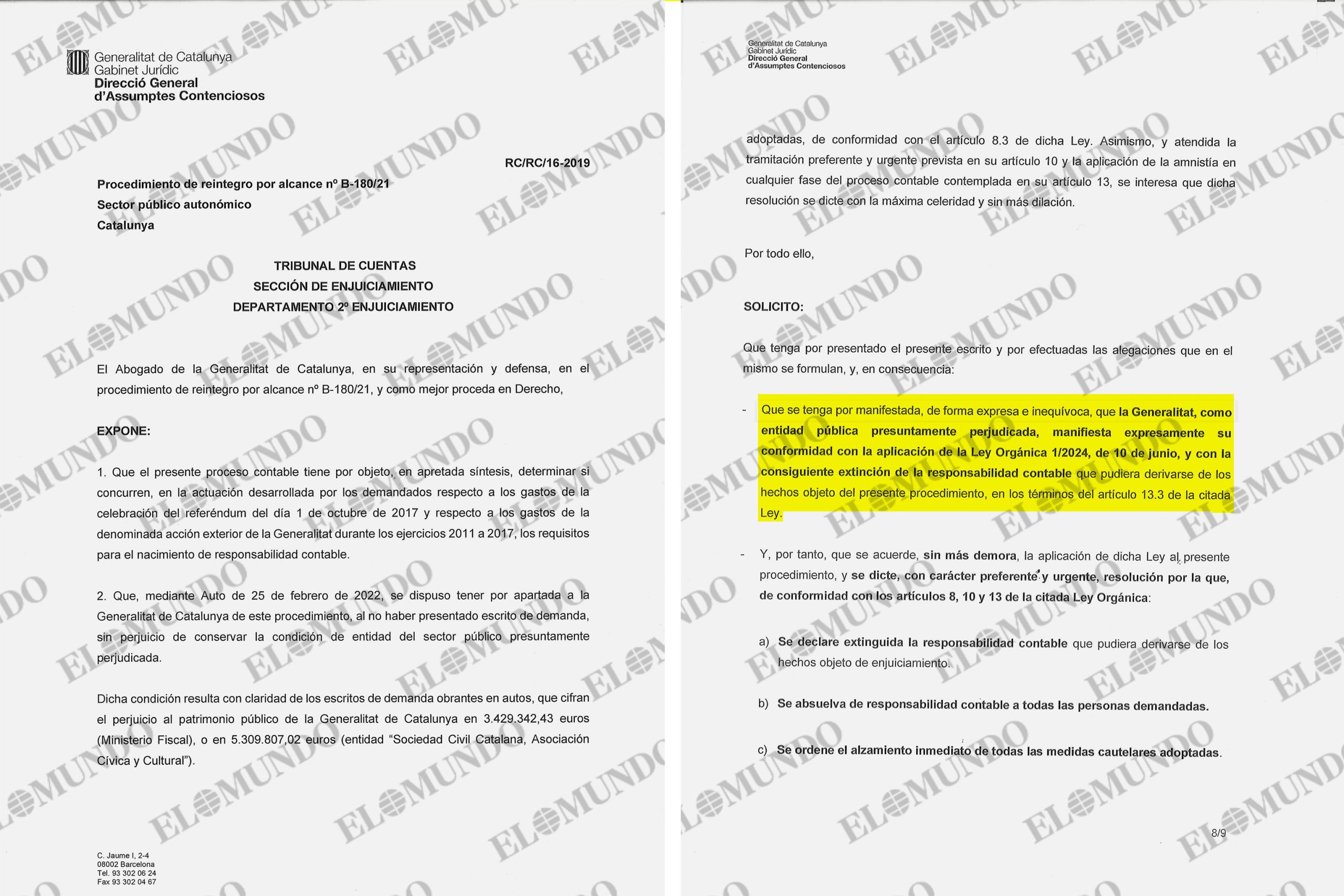 Extracto del escrito remitido por la Generalitat de Cataluña al Tribunal de Cuentas para que aplique la amnistía sin más demora.