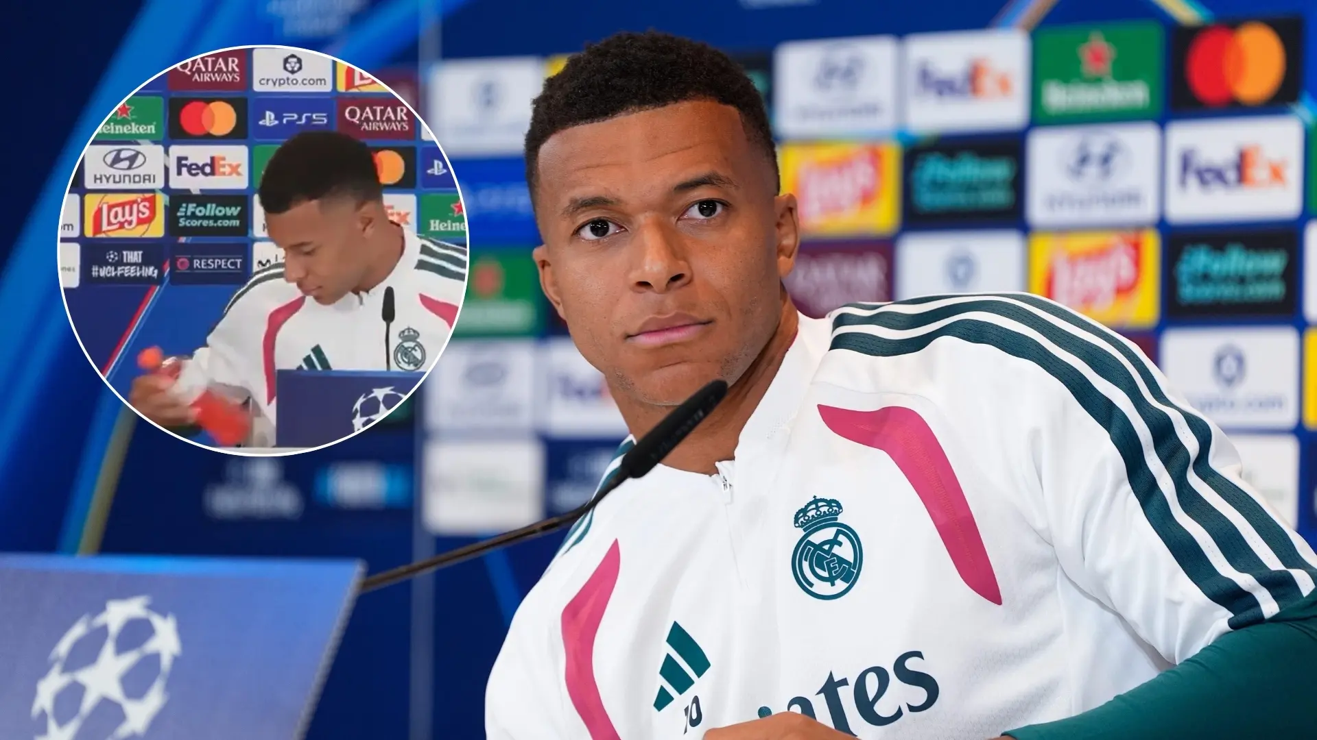 El gesto de Kylian Mbappé que ha recordado a Cristiano Ronaldo: aparta una botella de Gatorade antes de la rueda de prensa
