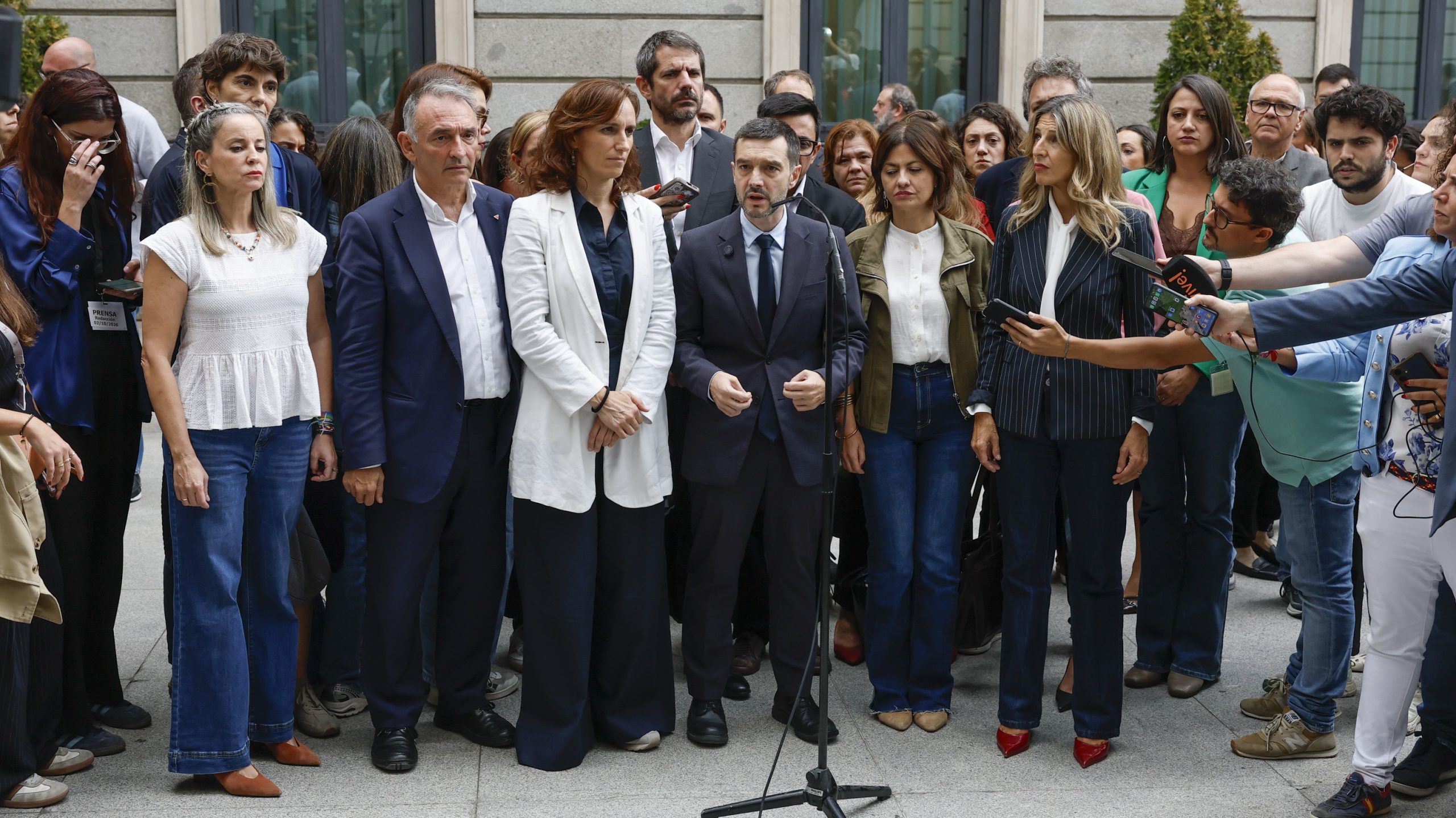 Los ministros de Sumar y dirigentes de los partidos. el pasado viernes.