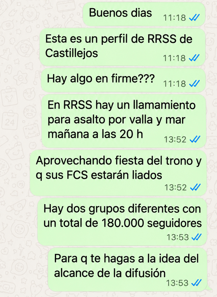 Mensajes del CNI enviados al Jefe de Gabinete de la Delegación del Gobierno en Ceuta.