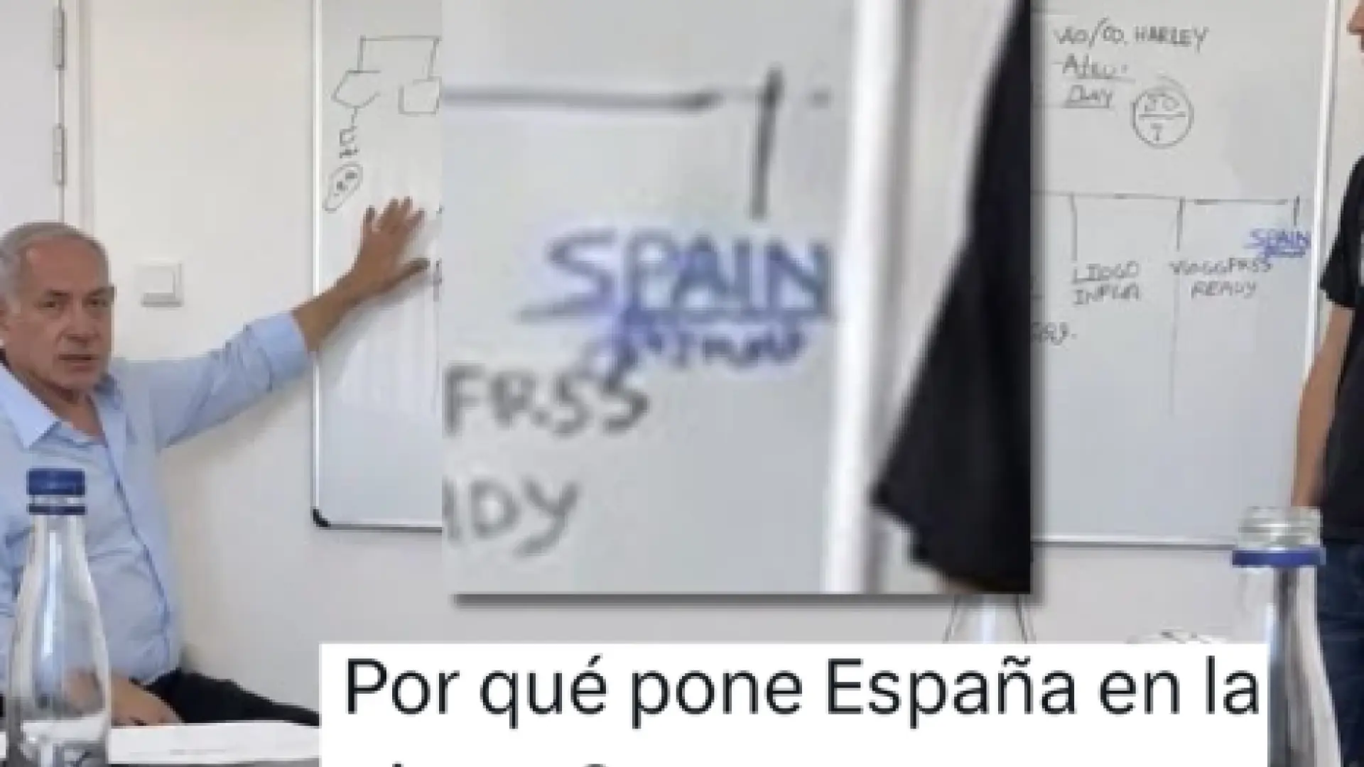 Esta imagen en la que Netanyahu señala una pizarra donde se puede leer la palabra «España» en inglés no es real