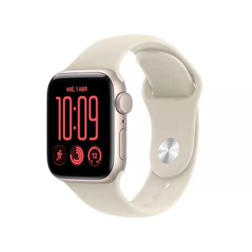 Apple Watch SE 3 GPS 40 mm, Caja de Aluminio en Blanco Estrella | Correa deportiva color arena - Talla S/M. Fitness + Sueño + Control del Ciclo, Frecuencia Cardiaca, Constantes Vitales