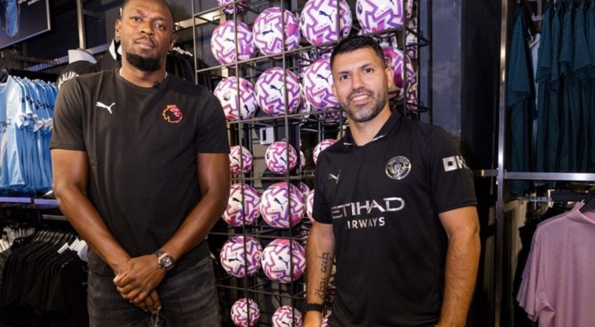 El Kun Agüero y Usain Bolt, la explosiva dupla que arrancó aplausos y risas en la presentación de la nueva pelota de la Premier League