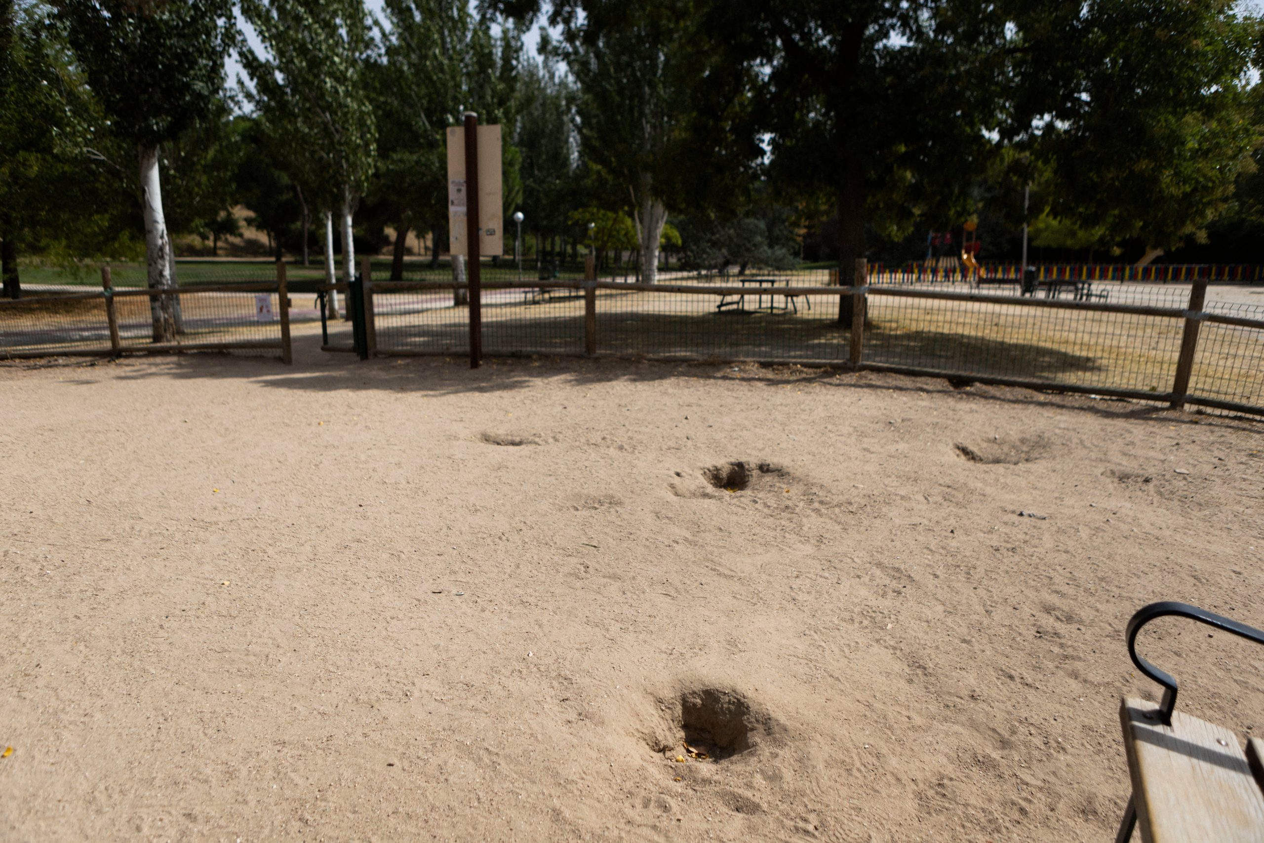 El suelo del área canina del parque Rodríguez Sahagún con agujeros sin rellenar.