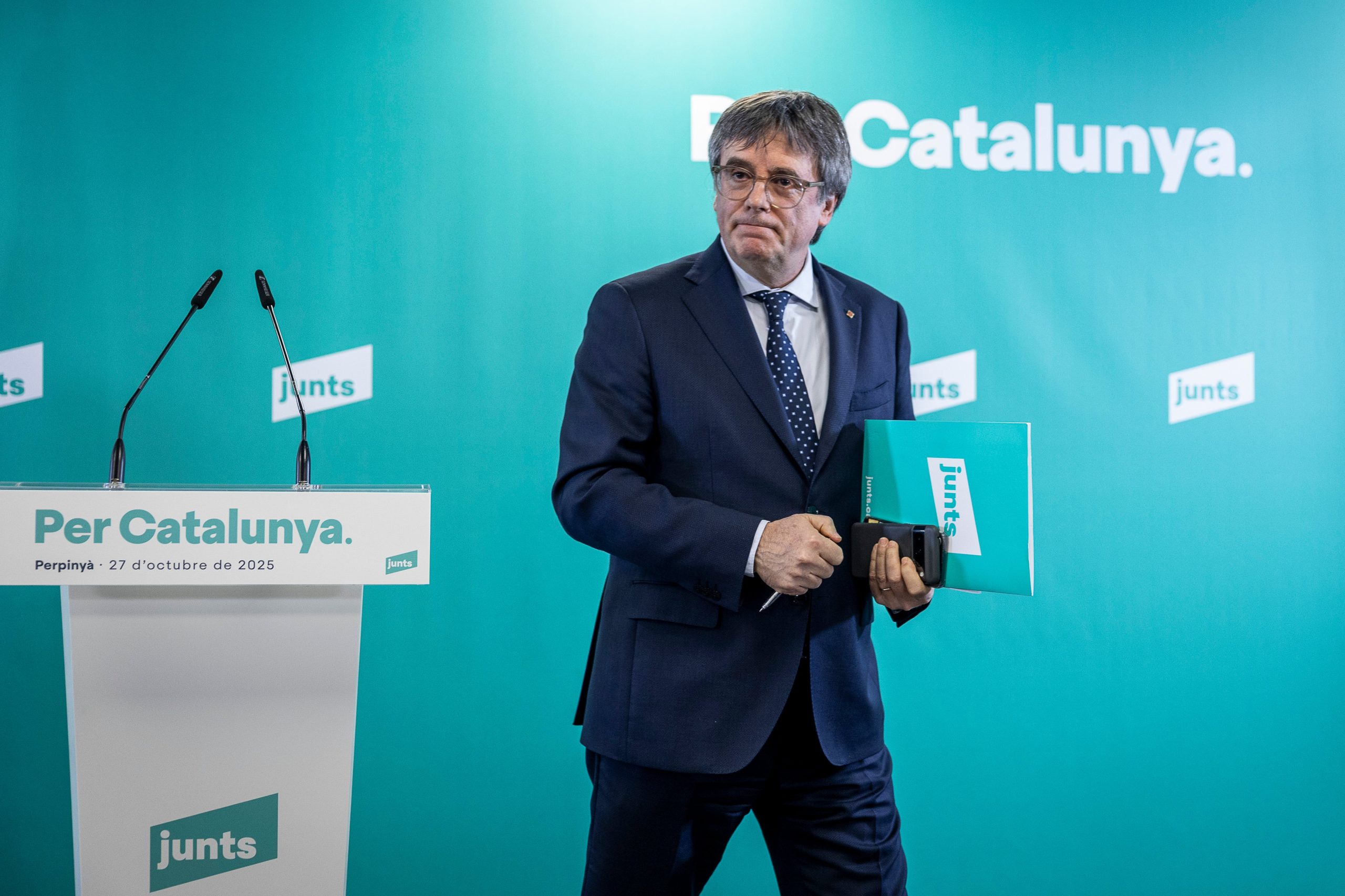 Rueda de prensa de Carles Puigdemont, presidente de Junts, tras la ejecutiva de Junts per Catalunya celebrada presencialmente este jueves en Perpiñán.