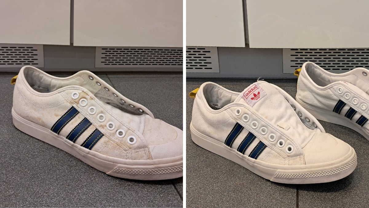 Antes y después de aplicar la pasta blanqueadora de zapatillas en este modelo de Adidas.