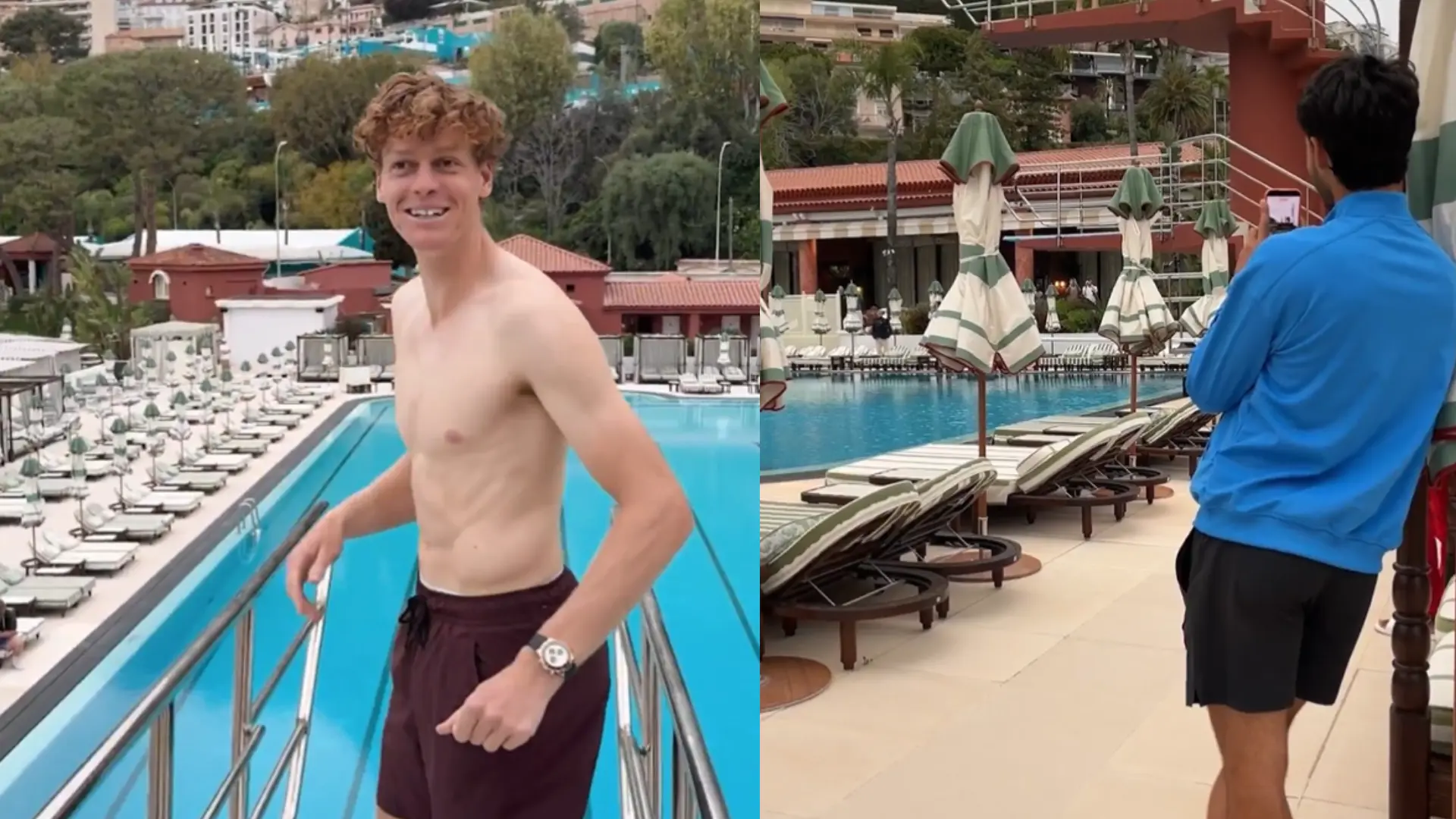 El momentazo de Carlos Alcaraz grabando a Jannik Sinner en su salto a la piscina tras ganar en Montecarlo