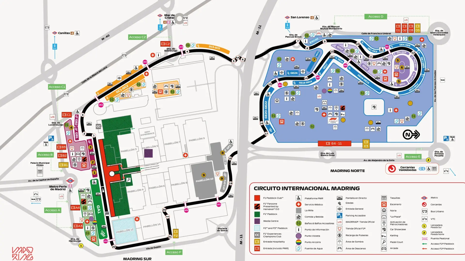 El mapa del recinto de Madring, el circuito de la Fórmula 1 de Madrid: dos sectores sin conexión entre sí, servicios y parking privado