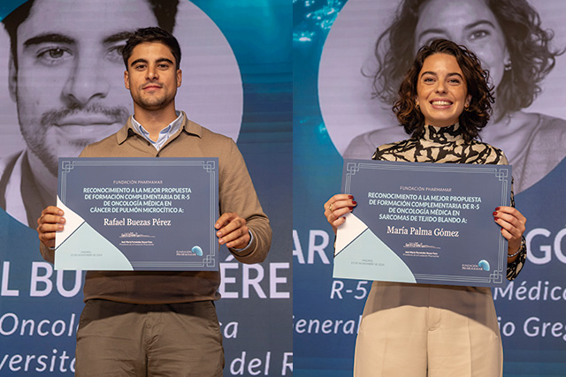 Rafael Buezas Pérez y María Palma Gómez, ganadores de la ayuda a la formación complementaria en oncología médica.