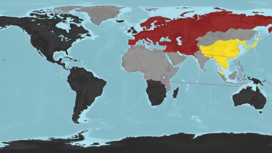 El mundo según la novela 1984, dividido en Oceania (negro), Eurasia (rojo), Estasia (amarillo) y zonas disputadas (gris). Nikolai Gennadievich Nazarov.