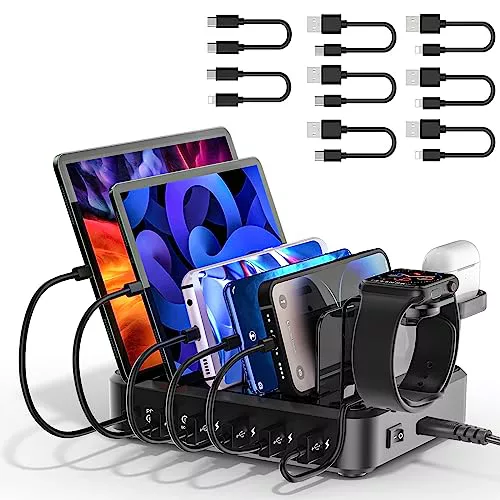 ZWOOS Estación de Carga USB 68W/12A con 6 Puertos y Carga rápida de 20W PD para iPhone 14/13, Soporte 2 en 1 para iWatch, Incluye 8 Cables para teléfonos, tabletas y Otros Dispositivos