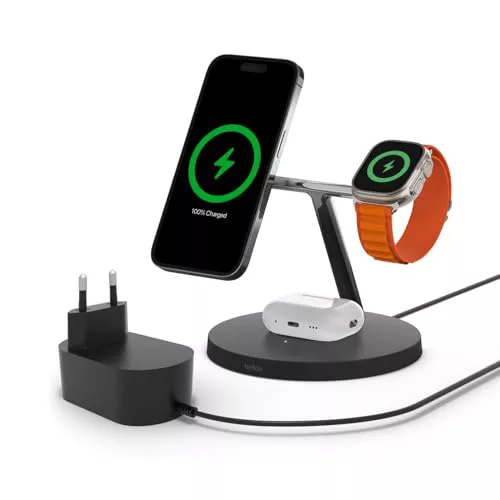 Belkin cargador inalámbrico MagSafe 3 en 1, carga rápida de 15 W para iPhone, carga rápida para AppleWatch, estación de carga para AirPods, iPhone 16, Plus, Pro, Max, Apple Watch y AirPods, negro