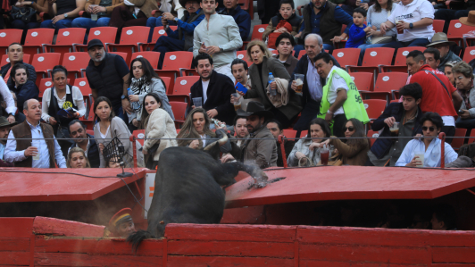 Feria de Aniversario 2025. Toro brinca sobre la barrera de protección y casi alcanza al público.