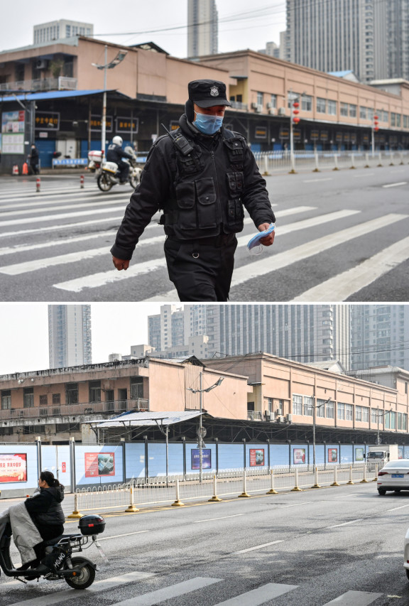 Esta fotografía combinada creada el 23 de diciembre de 2024 muestra a un oficial de policía caminando frente al mercado mayorista de mariscos de Huanan, donde se detectó el coronavirus, en Wuhan el 24 de enero de 2020 (arriba) y una vista del mismo mercado, actualmente cerrado, en la provincia central china de Hubei el 21 de diciembre de 2024.