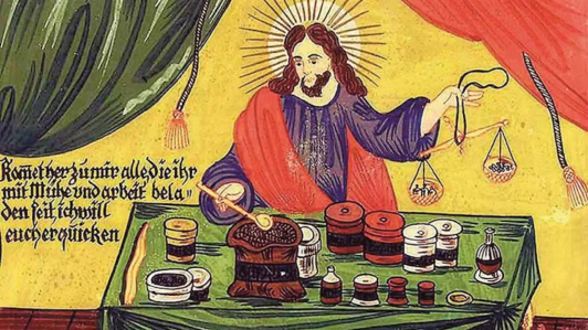 Representación de Cristo como farmacéutico, de pintor desconocido, procedente de una hoja de registro familiar fechada en 1662. Museo Nacional Alemán de Nuremberg