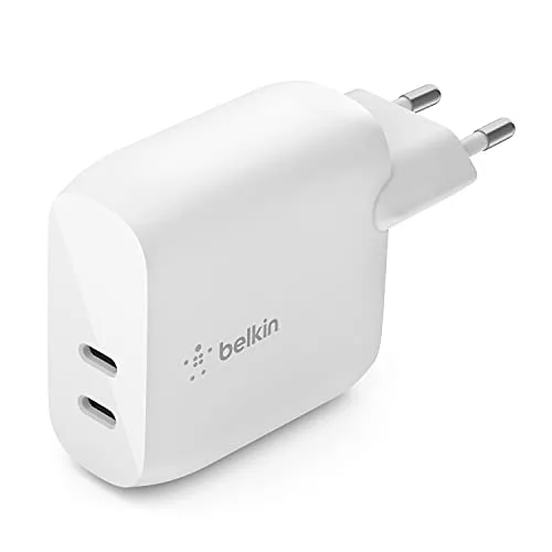 Belkin Cargador de Pared USB Type C PD de 40 W (dos Puertos USB-C de 20 W cada uno para Carga Rápida PD para iPhone 14 o 13, iPad Pro, Galaxy y Otros)