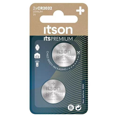 ITSON CR2032 Pilas de botón de Litio, 3V, Paquete de 2, Adecuado para AirTag, Llaves de Coche, Relojes y pulsómetros