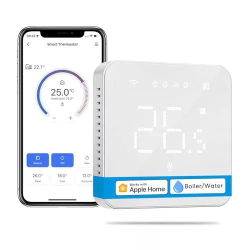 Meross Termostato Inteligente WiFi para Calderas, Termostato de Calefacción de Pared para Calderas de Gas/Agua, Compatible con Apple HomeKit, Alexa, Google Assistant, Pantalla Digital Táctil LED