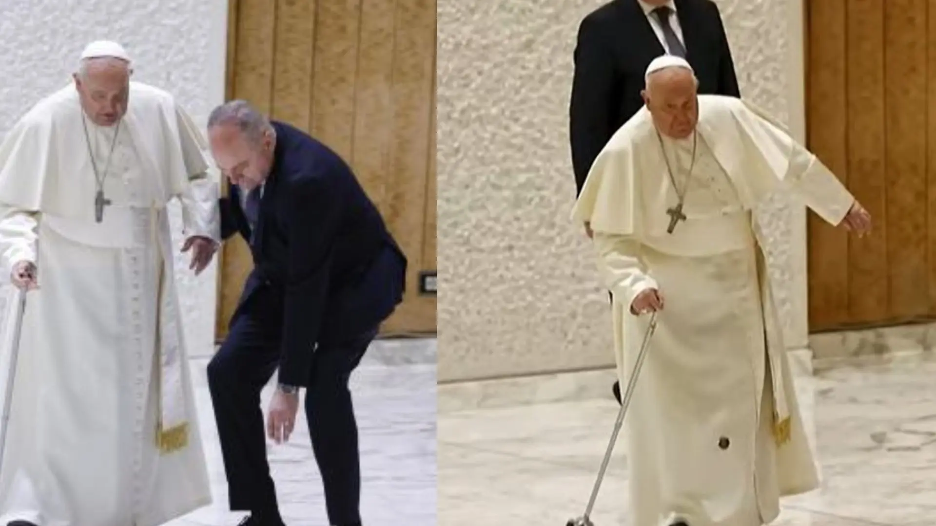 El papa Francisco se tambalea al entrar en una audiencia tras romperse su bastón