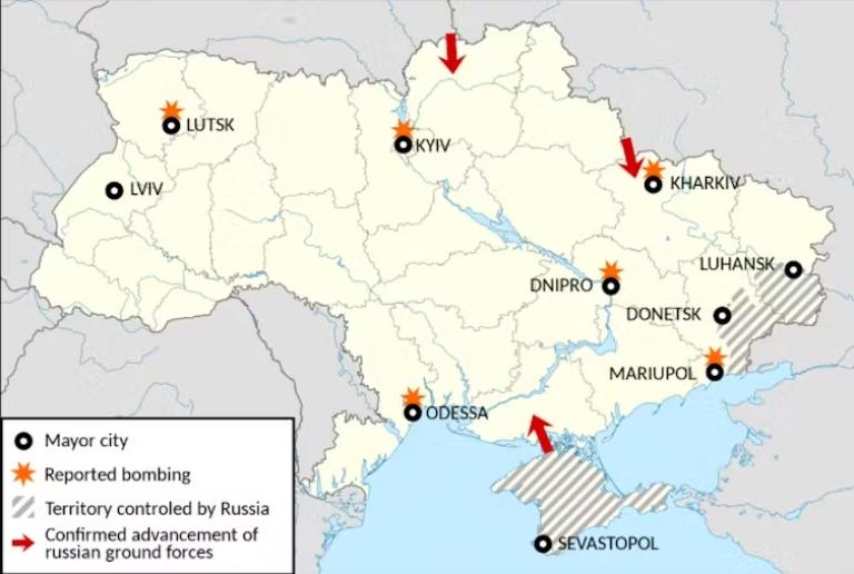 Mapa de los bombardeos iniciales de Rusia en Ucrania. AntoFran.