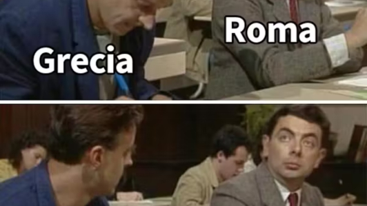 Un hombre está haciendo un examen (Grecia) y Mr. Bean (Roma) le mira por encima del hombro para copiarle.