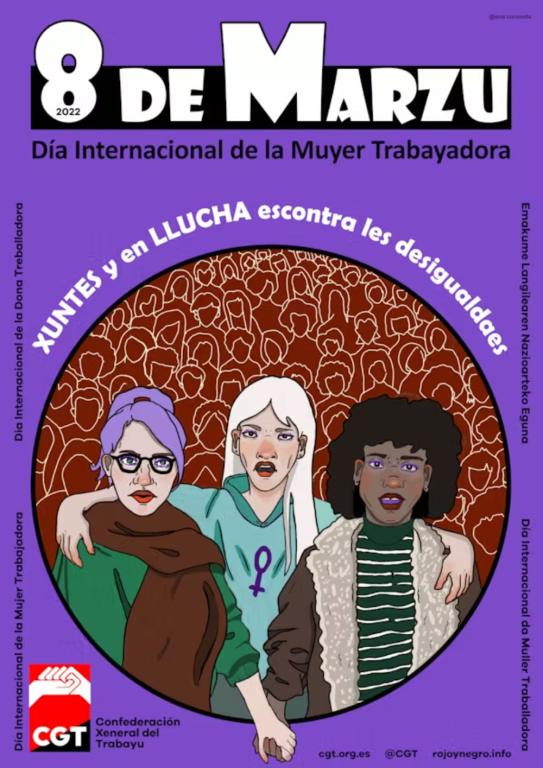 Cartel en el que se ve a tres mujeres abrazadas bajo el eslogan 'Juntas y en lucha contra las desigualdades'.