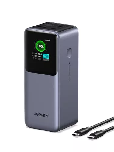 UGREEN Nexode Power Bank 20000mAh 130W, Cargador Portátil con 2 USB C y 1 Tipo A Batería Externa con Pantalla, Compatible con MacBook iPad, iPhone 16/15 Plus Pro MAX, Galaxy S24 Ultra, Gris