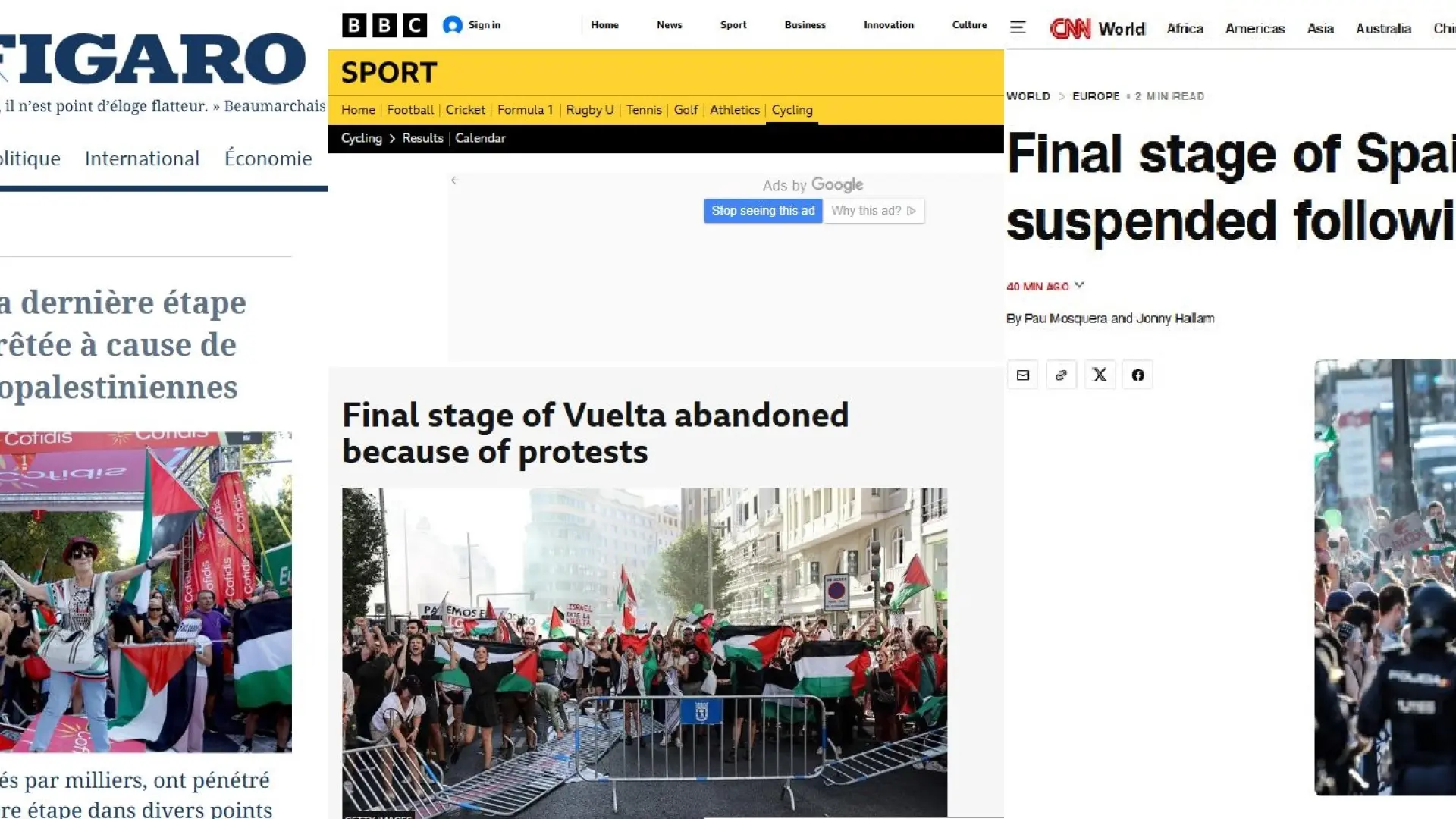Reacciones de la prensa internacional a las protestas propalestinas que han cancelado la Vuelta: «Final violento, triste y escandaloso»