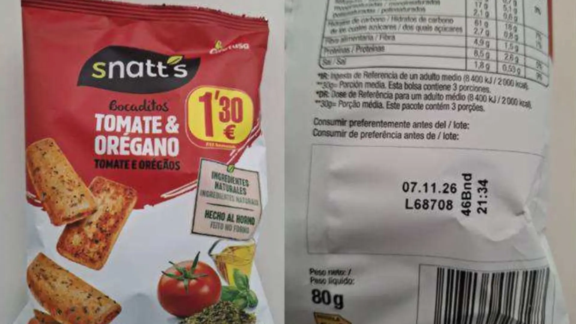 La AESAN alerta de la presencia de partículas metálicas en un lote de bocaditos de tomate y orégano de la marca Snatt's