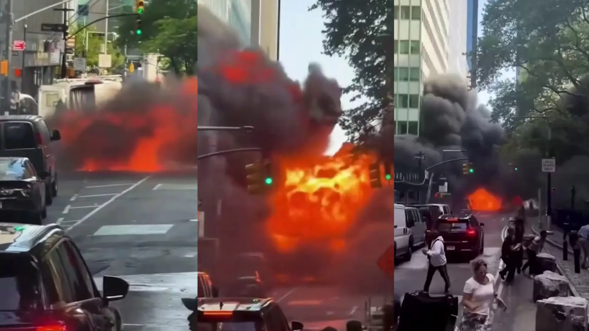 Un vehículo explota junto al Toro de Wall Street y genera una gran bola de fuego