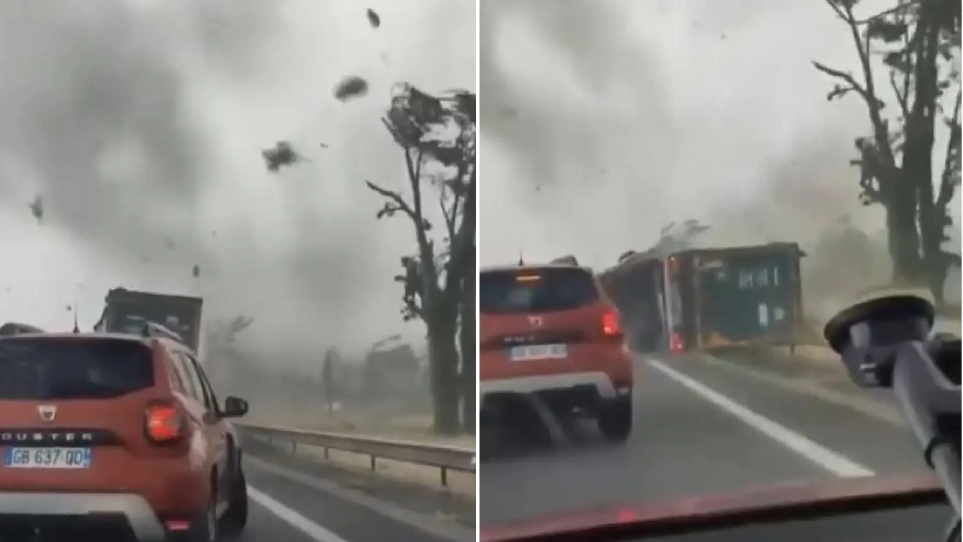 El momento en el que un tornado azota una autopista en Francia y vuelca un camión