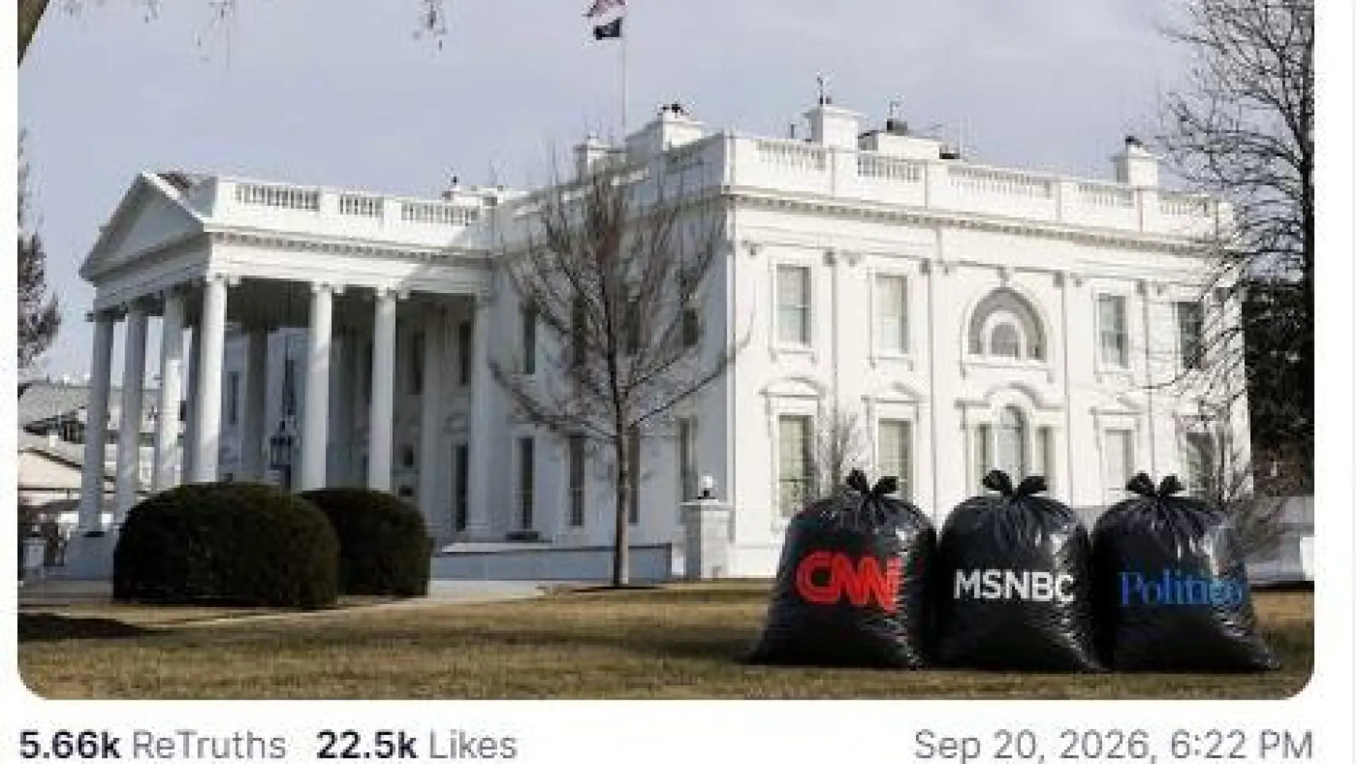Trump retrata en redes a CNN, MS NOW y Politico como bolsas de basura tras vetarlos de la Casa Blanca