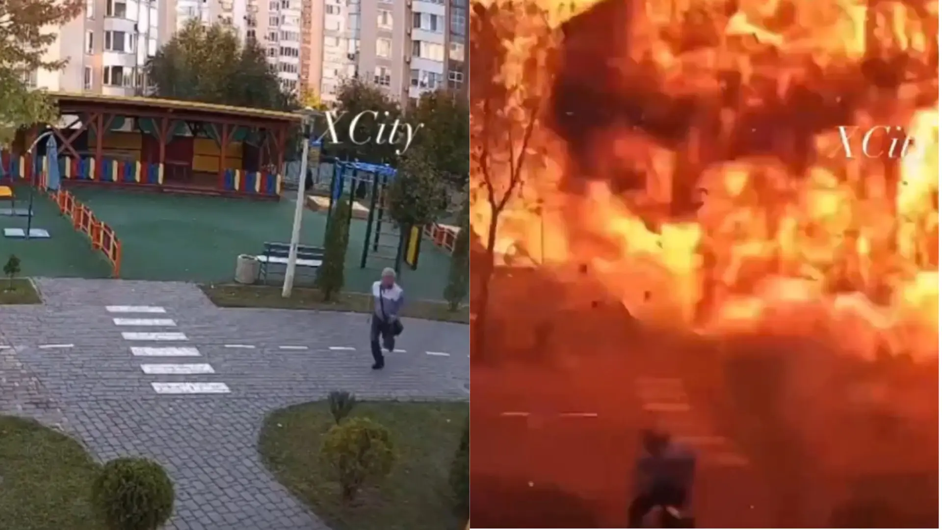 Un hombre esquiva por segundos el impacto de un dron ruso junto a una guardería en Ucrania